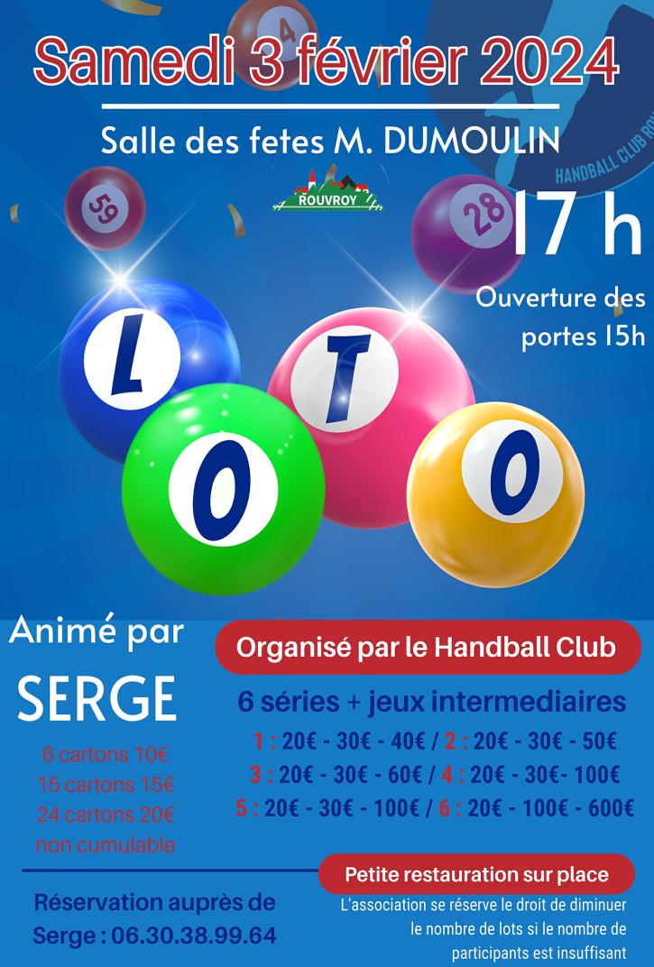 Loto du Handball club, Samedi 3 février à 17h, à la salle des fêtes Michel Dumoulin.