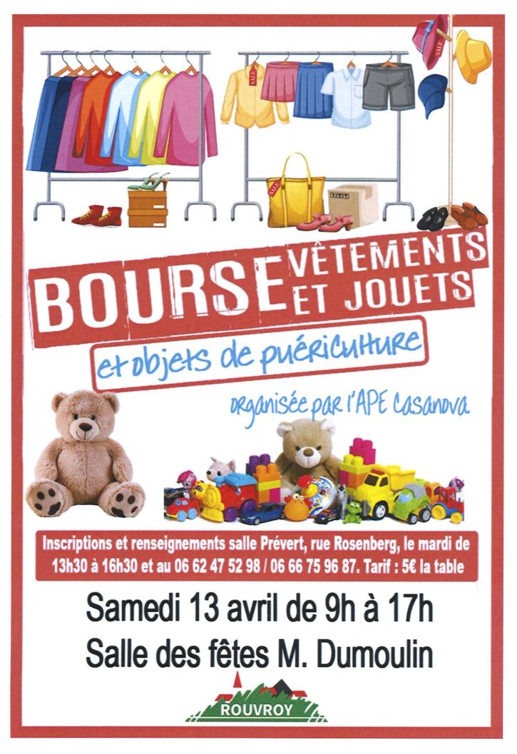 Samedi 13 avril, de 9h à 17h, Bourse aux vêtements, jouets et objets de puériculture, à la salle des fêtes Michel Dumoulin, proposée par l’APE de l’école Casanova.