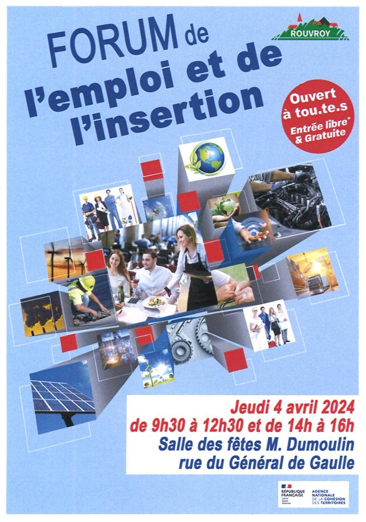 Forum de l’emploi et de l’insertion, Jeudi 4 avril à la salle des fêtes Michel Dumoulin, de 9h30 à 12h30 et de 14h à 16h.