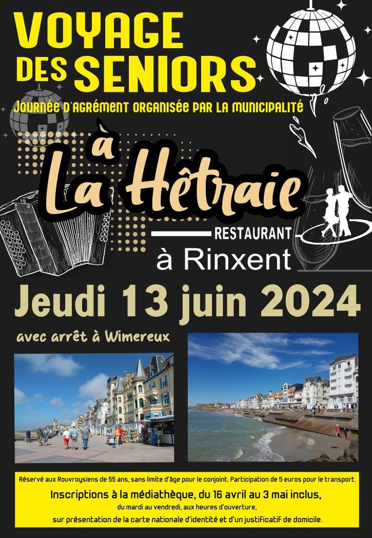 Jeudi 13 juin, Voyage des seniors organisé par la municipalité, au restaurant La Hêtraie, à Rinxent. Un arrêt est prévu à Wimereux, pour vous permettre d’effectuer une petite promenade, avant d’arriver au restaurant ! 