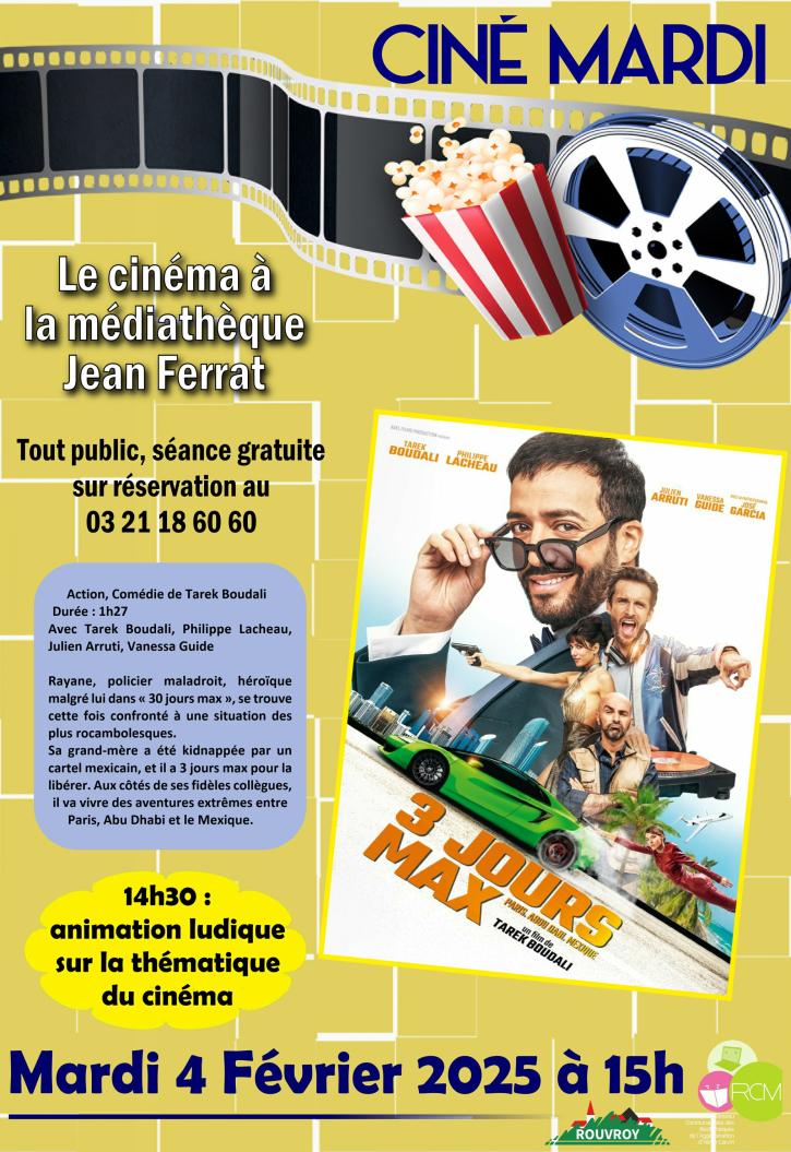 Mardi 4 février, à 15, à la médiathèque Jean Ferrat : Ciné mardi « 3 jours max ».
