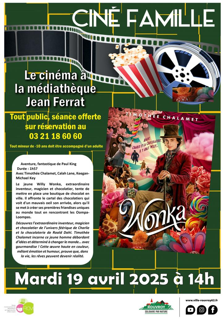 Mardi 19 avril, à 14h, à la médiathèque Jean Ferrat : Ciné famille « Wonka ».