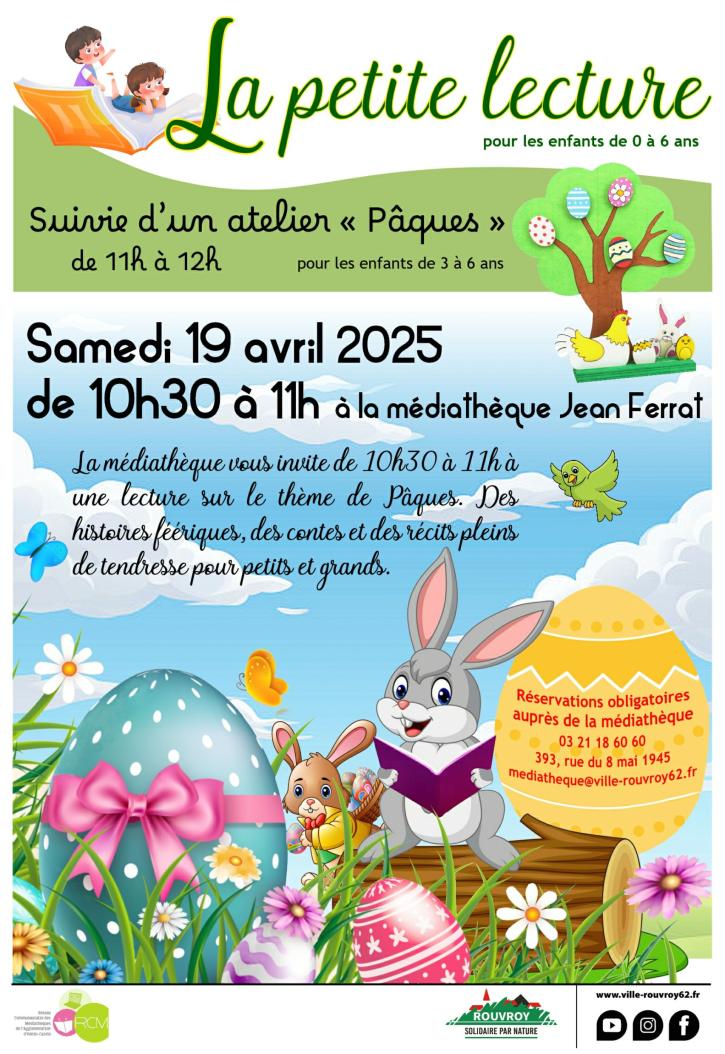Samedi 19 avril à 10h30, la médiathèque propose « La petite lecture », à l’occasion des fêtes de Pâques, pour les enfant de 0 à 6 ans.