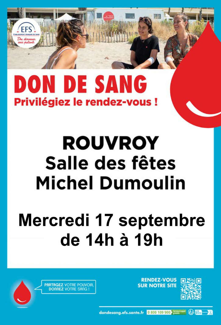 Mercredi 17 septembre, de 14h à 19h, à la salle des fêtes Michel Dumoulin : Don de sang.